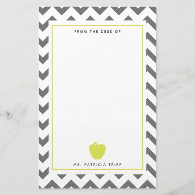 Gray Chevron Neon Apple Teacher Personalized Stationery (Front)