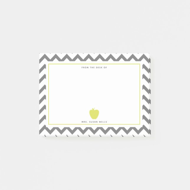 Gray Chevron Neon Yellow Apple Teacher Post-it Notes (Front)