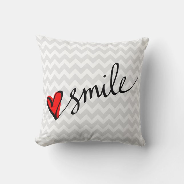 Gray Chevron Pattern Smile Cute Red Heart Throw Pillow (Front)