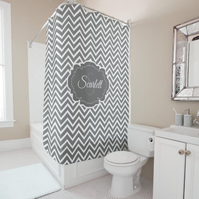 Gray Chevron Personalized Shower Curtain (In Situ)