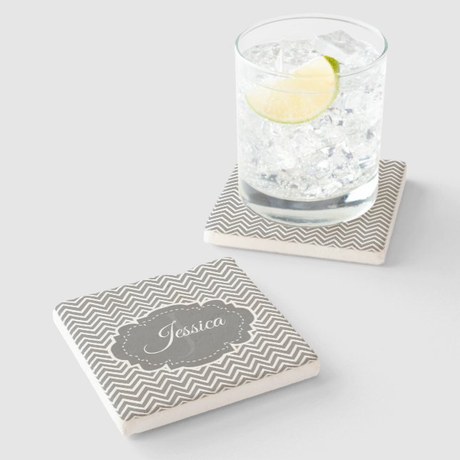 Gray Chevron Personalized Stone Coaster (Side)
