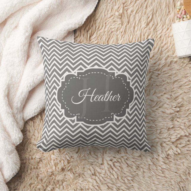Gray Chevron Personalized Throw Pillow (Blanket)