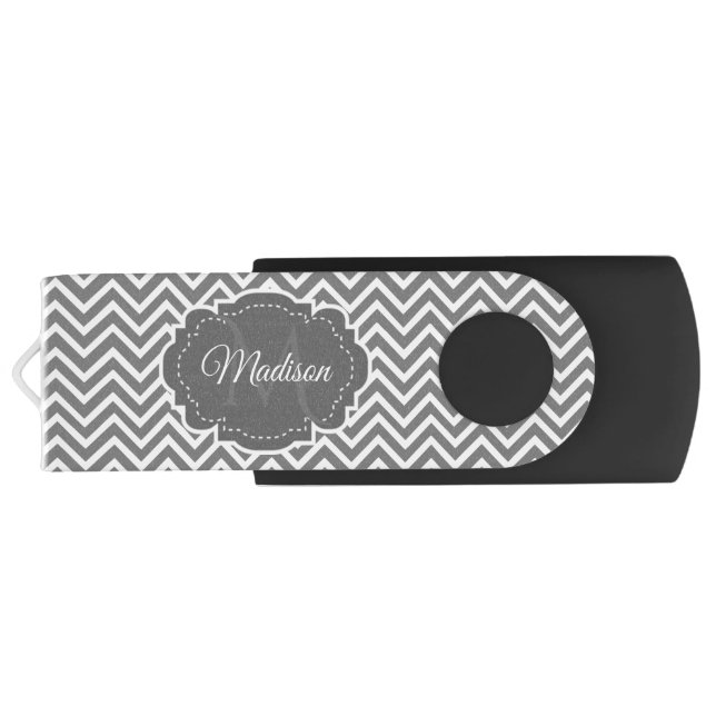 Gray Chevron Personalized USB Swivel Flash Drive (Back)