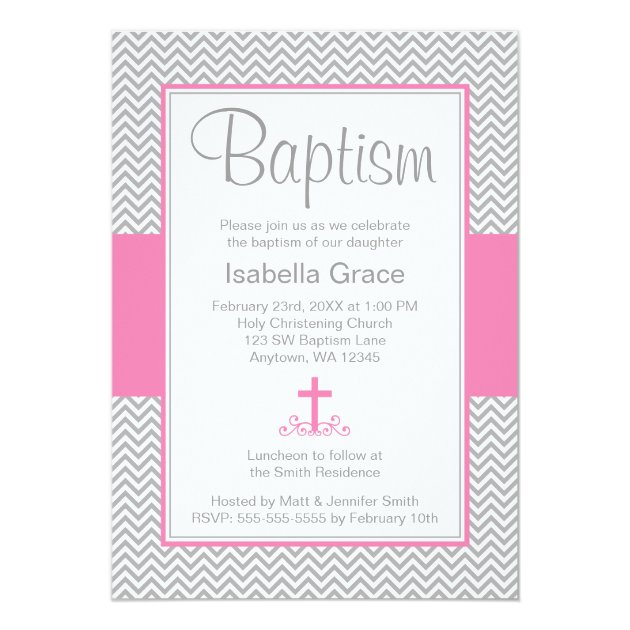 Gray Chevron Pink Cross Girl Baptism Christening Invitation