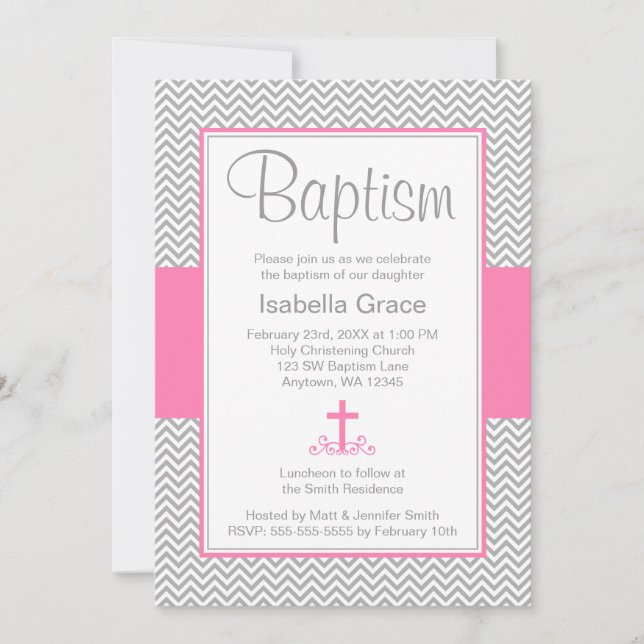 Gray Chevron Pink Cross Girl Baptism Christening Invitation (Front)