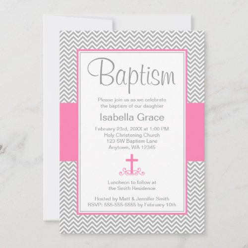Gray Chevron Pink Cross Girl Baptism Christening Cards