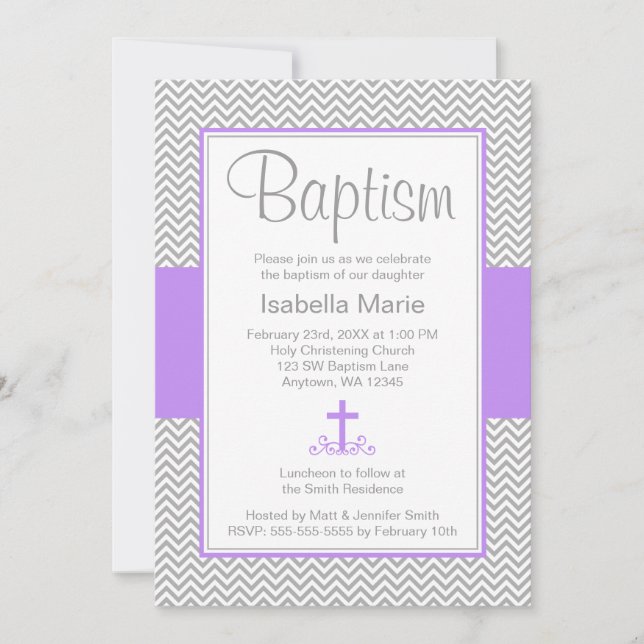Gray Chevron Purple Cross Girl Baptism Christening Invitation (Front)