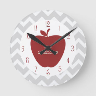 Gray Chevron & Red Apple Teacher Round Clock