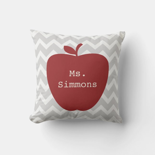 Gray Chevron & Red Apple Teacher Throw Pillow (Front)