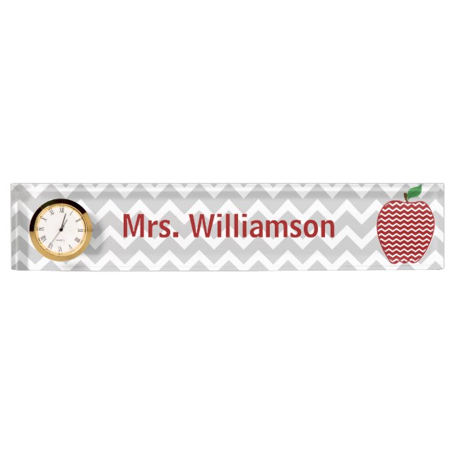 Gray Chevron Red Chevron Apple Teacher Nameplate (Front)