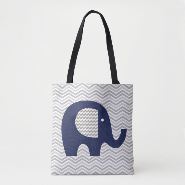 Gray Chevron Stripe Navy Blue Elephant Patterned Tote Bag (Front)