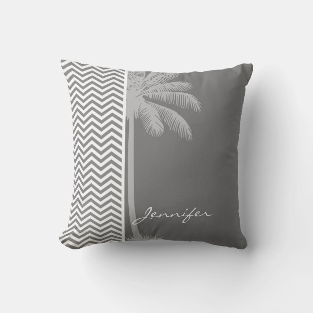 Gray Chevron Stripes; Tropical Palm Tree Throw Pillow (Front)