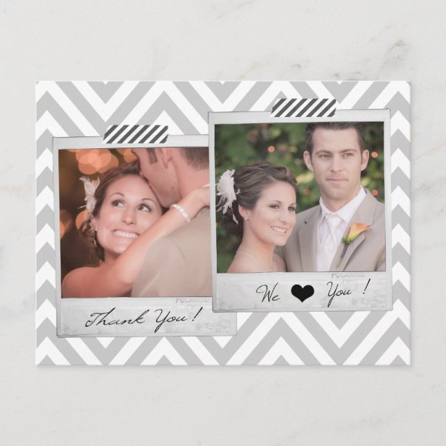 Gray Chevron Wedding Thank You Postcard (Front)