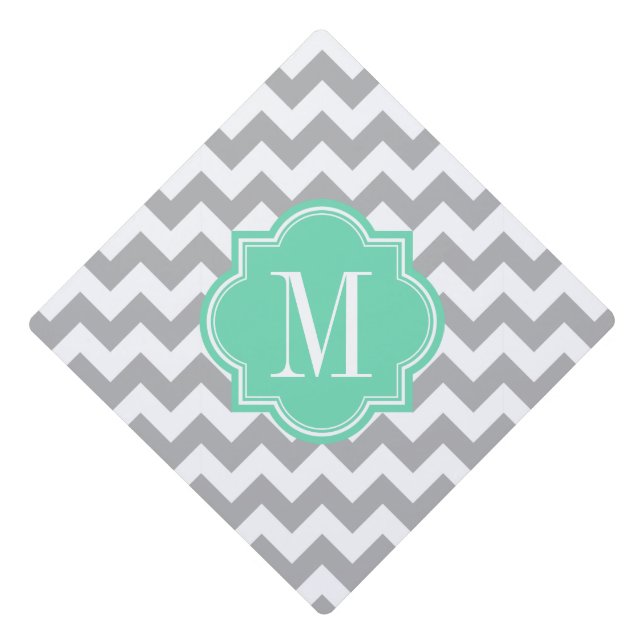 Gray Chevron with Mint Monogram Graduation Cap Topper (Front)