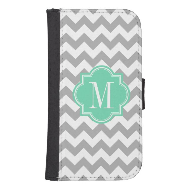 Gray Chevron with Mint Monogram Samsung Galaxy Wallet Case (Front)