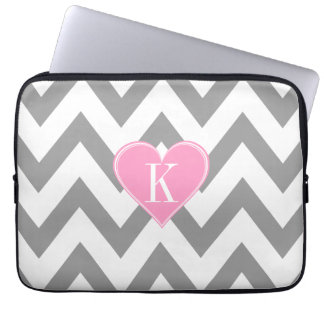 Gray Chevron with Pink Heart Monogram Laptop Sleeve