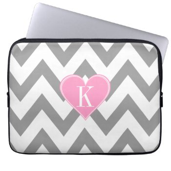 Gray Chevron With Pink Heart Monogram Laptop Sleeve by OrganicSaturation at Zazzle