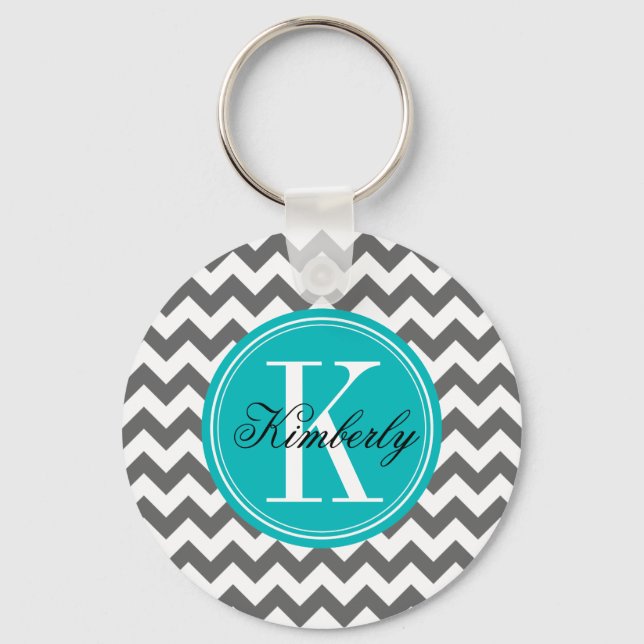 Gray Chevron with Teal Monogram Keychain (Front)