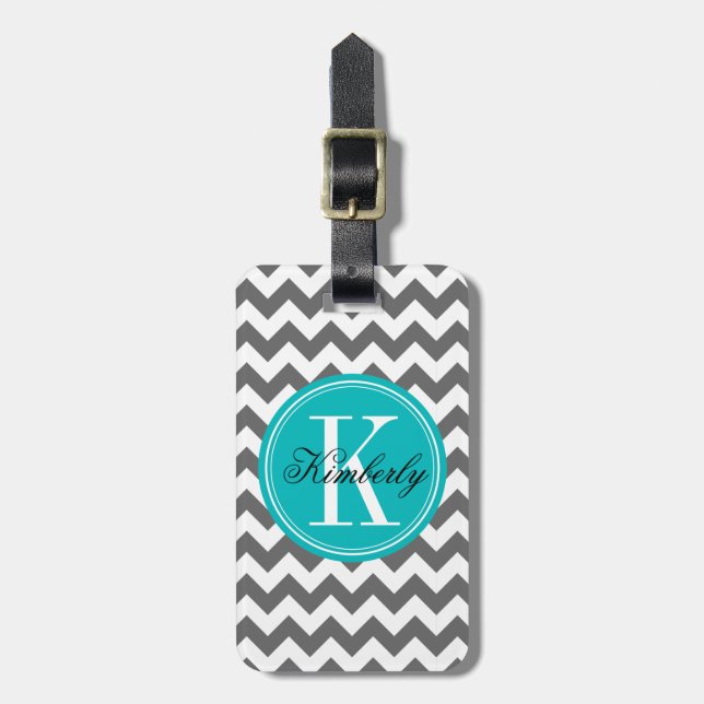 Gray Chevron with Teal Monogram Luggage Tag (Front Vertical)