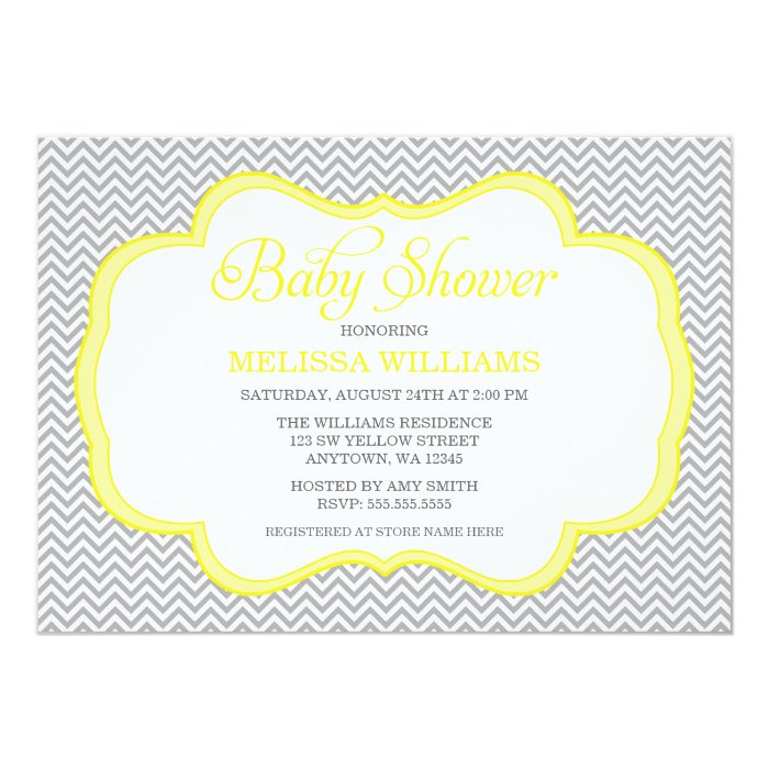 yellow invitations and baby gray shower Baby Shower Zazzle Yellow  Gray Frame Chevron  Invitations