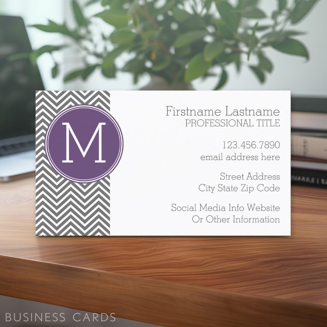 Gray Chevrons with Classic Custom Monogram Business Card (Custom Business Card - Online Template Plus Low Quantity Printing)