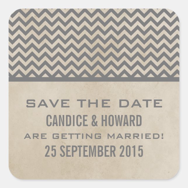 Gray Chic Chevron Save the Date Stickers (Front)