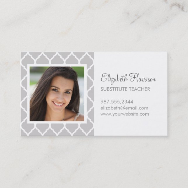 Gray Chic Moroccan Lattice Photo Business Card (Front)