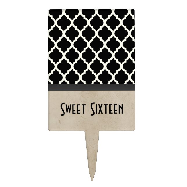 Gray Chic Quatrefoil Sweet 16 Cake Pick (Front)