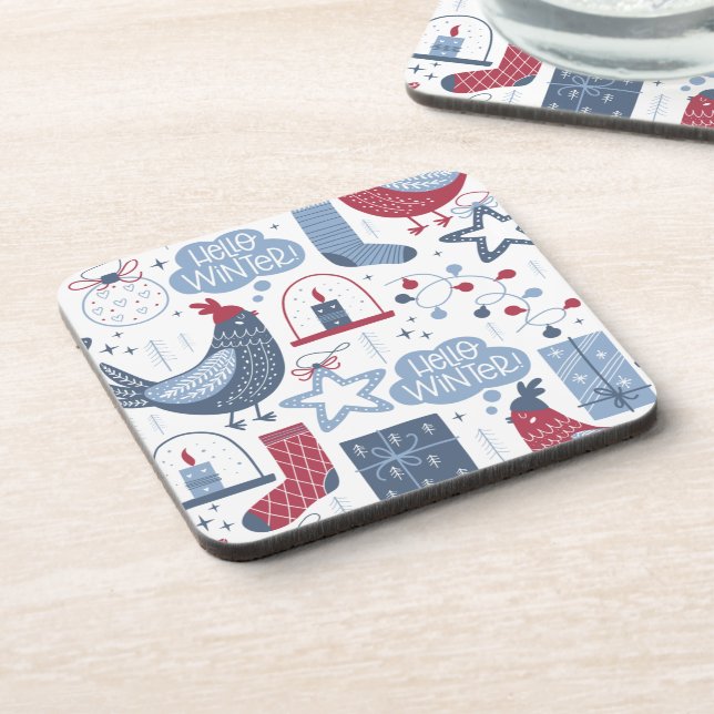 Gray Christmas Hello Winter Plastic Coaster (Left Side)