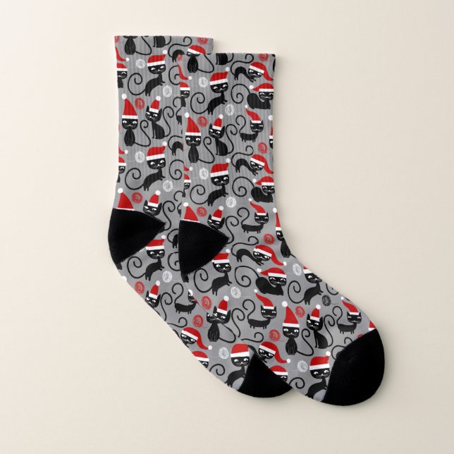 gray christmas santa cats socks (Pair)