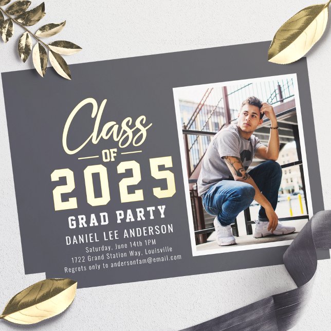 Gray Class of 2025 Photo Graduation Party Foil Invitation (Creator Uploaded)