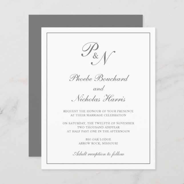 Gray Classic Elegant Budget Wedding Invite (Front/Back)
