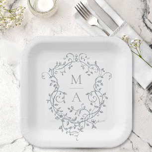 Gray Classic Floral Crest Monogram Wedding Paper Plates