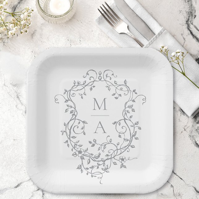 Gray Classic Floral Crest Monogram Wedding Paper Plates (Creator Uploaded)