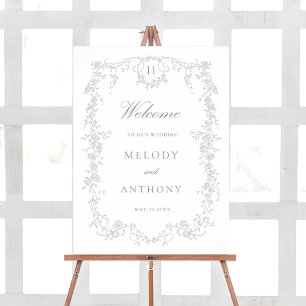 Gray Classic French Floral Wedding Welcome Sign