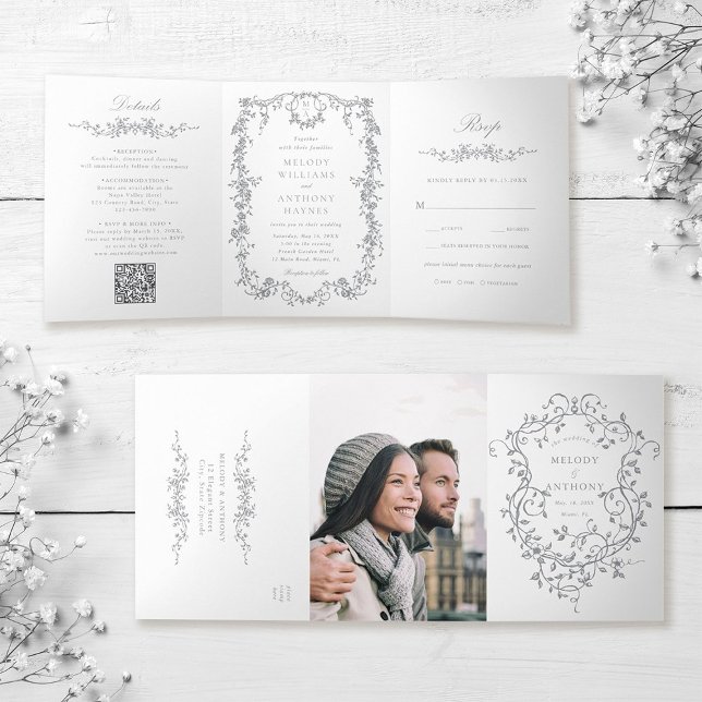 Gray Classic French Victorian Floral Wedding Tri-Fold Invitation (Inside & Outside)
