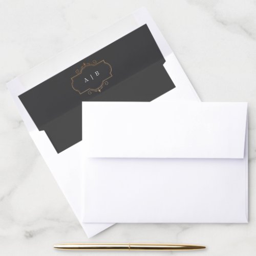 gray classic gold crest monogram wedding envelope liner