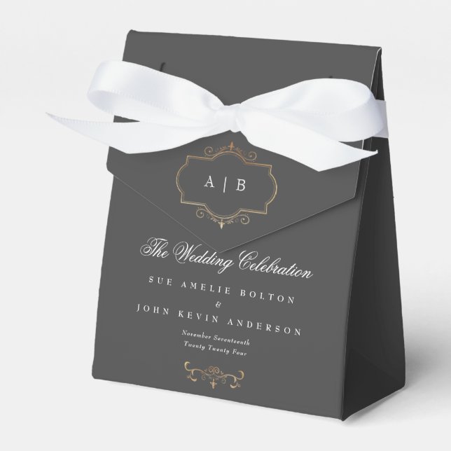 gray classic gold crest monogram wedding favor boxes (Front Side)