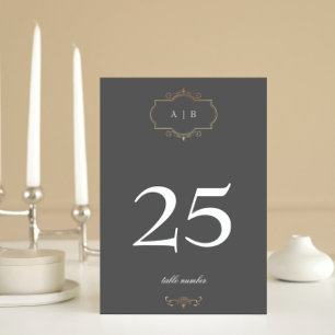 gray classic gold crest monogram wedding table number