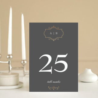 gray classic gold crest monogram wedding table number