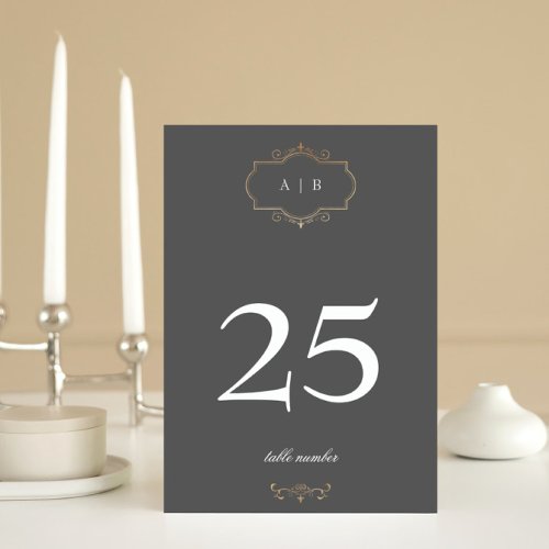 gray classic gold crest monogram wedding table number