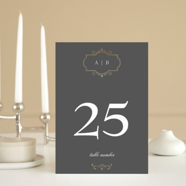 gray classic gold crest monogram wedding table number (Creator Uploaded)