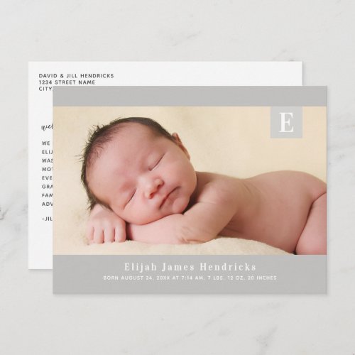 Gray Classic Monogram Photo Birth Announcement Postcard