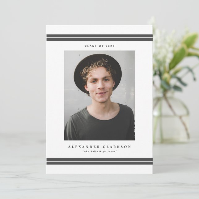 Gray Classic Stripes Modern 2022 Photo Graduation Announcement (Standing Front)