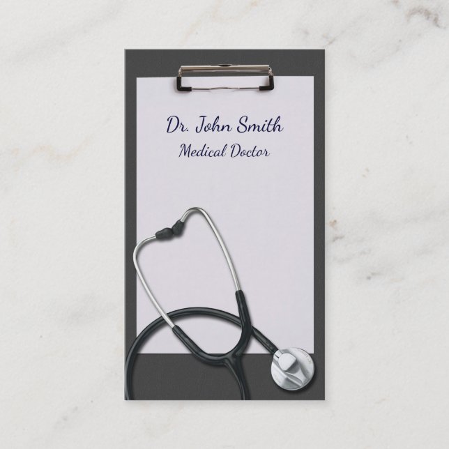 Gray Clipboard with Medical Stethoscope Business Card (Front)