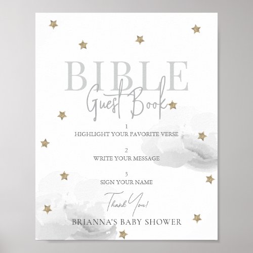 Gray Cloud Gold Star Baby Shower Bible Guest Book