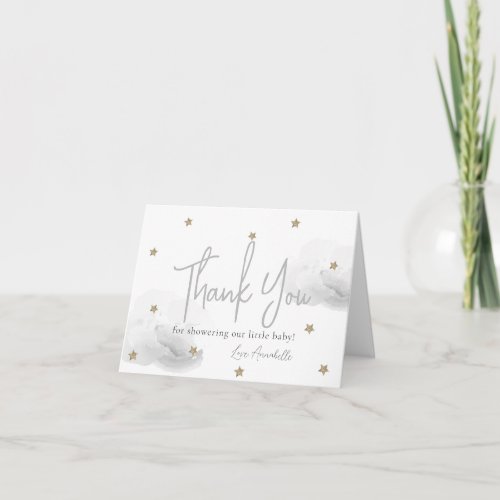 Gray Clouds  Gold Stars Watercolor Baby Shower Thank You Card