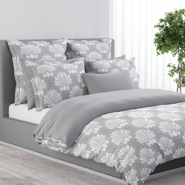 Gray Coastal Seashell Dotted Pearls Beachy Duvet Cover (Creator Uploaded)