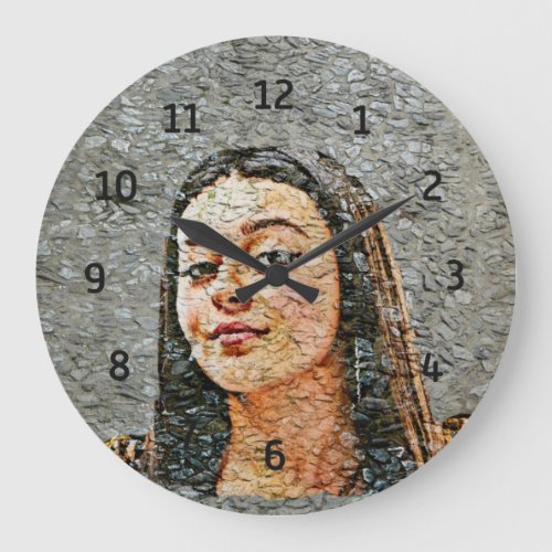 Gray Cobblestone Texture Street Art Girl Large Clock
