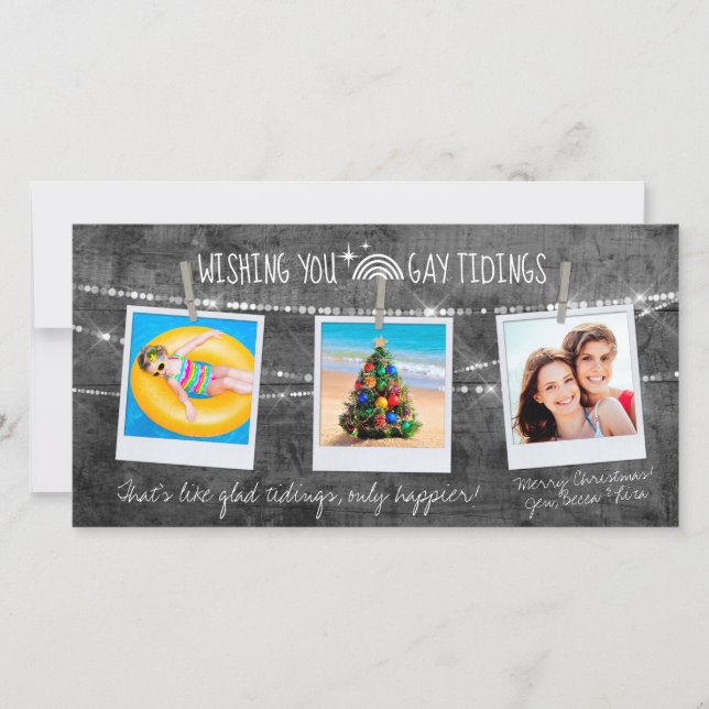 Gray Color Pop Gay Tidings LGBT 3-Photo Card (Front)